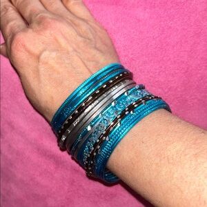 Elegant Teal Blue and Silver Metal Bangle Bo Set
